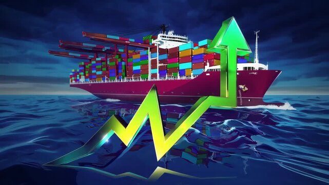digital illustration of global trade and economy, container cargo ship loaded with colorful containers, pile of gold bars and gold coins with dollar symbol in the foreground