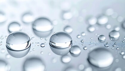 Clear water droplets on smooth surface with reflections and minimal abstract background