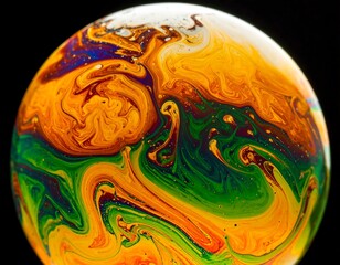 Iridescent soap bubble sphere; colors swirl and mix in an abstract, organic pattern against a dark background