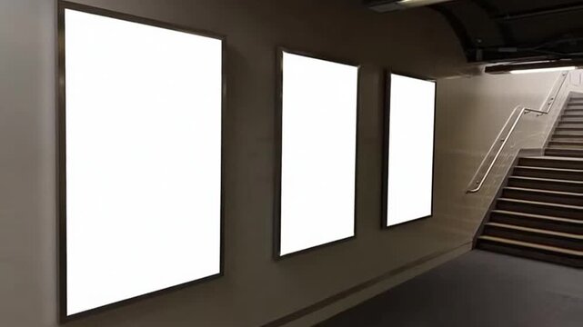 Blank Advertisement Boards in Subway Station with Stairs for Advertising Concept