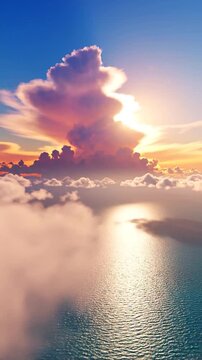 Golden hour aerial view vibrant clouds above shimmering ocean, sun's path reflected