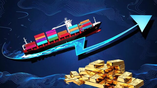 digital illustration of global trade and economy, container cargo ship loaded with colorful containers, pile of gold bars and gold coins with dollar symbol in the foreground