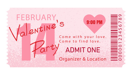 Valentine's Day party ticket template. Graphic design layout for invitations, flyers, social media posts, or entry passes for holiday celebrations and romantic events. Hand drawn vector illustration.