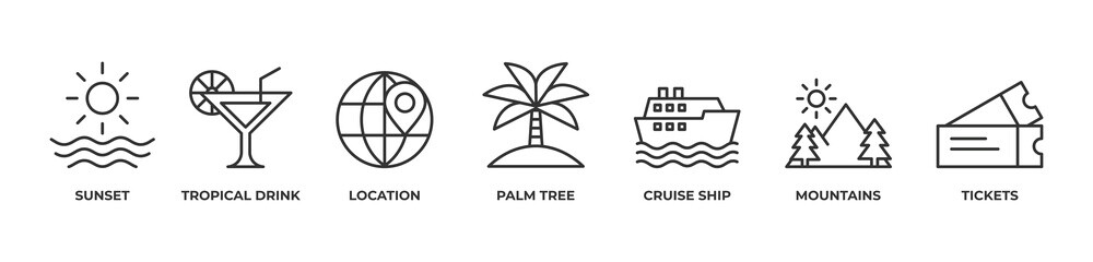 Scenic Journeys Icons set vector illustration with outline Sunset, Tropical drink, Location, Palm tree, Cruise ship, Mountains, Tickets