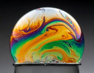 Iridescent soap bubble with swirling patterns rests atop a dark base, set against a gradient gray background