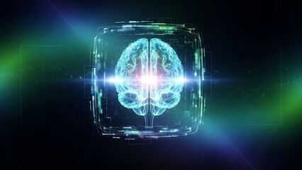 Secure AI Artificial Intelligence Brain Protected by Glowing Digital Shield - Cybersecurity & Data Protection
