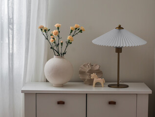 A bouquet of yellow carnations in a ceramic vase, an Asian-style lamp on a white wooden chest of drawers in the living room