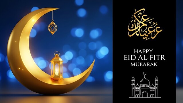 Eid al fitr greeting with golden crescent moon and lantern