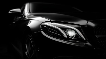 Fototapeta premium Close-up of modern car headlight glowing in a dark studio, emphasizing design and technology.
