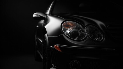 Fototapeta premium Close-up of modern car headlight glowing in a dark studio, emphasizing design and technology.