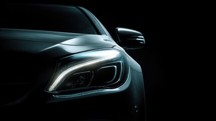 Fototapeta premium Close-up of modern car headlight glowing in a dark studio, emphasizing design and technology.