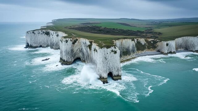 Dramatic white chalk cliffs and turquoise sea waves crashing against coastline