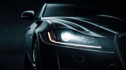 Fototapeta premium Close-up of modern car headlight glowing in a dark studio, emphasizing design and technology.