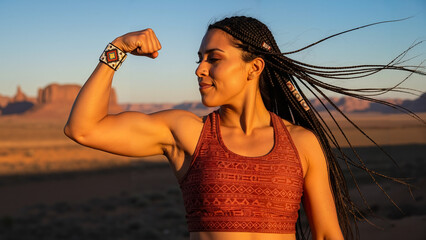 Athletic Indigenous woman flexing biceps at desert during golden hour  