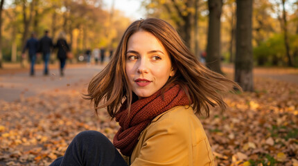 Young woman sitting on autumn leaves in park with smiling expression  