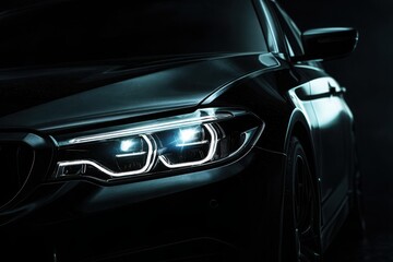 Fototapeta premium Close-up of modern car headlight glowing in a dark studio, emphasizing design and technology.