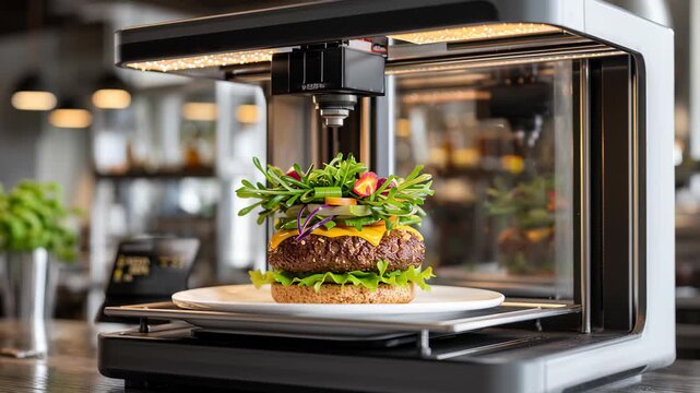Innovative food printer creating a gourmet burger with fresh ingredients, showcasing precision and technology, camera zooms in for detail