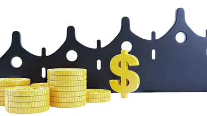 Stacks of Gold Coins and Dollar Sign Against a Black Graph