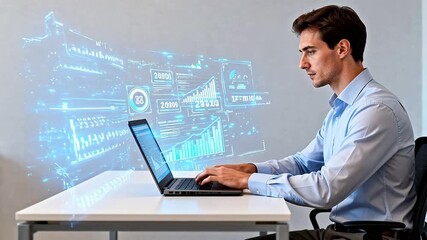 Man working on laptop with data projections - Powered by Adobe