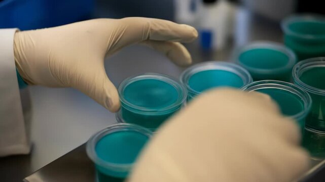 Scientist dispensing teal liquid into small plastic container array