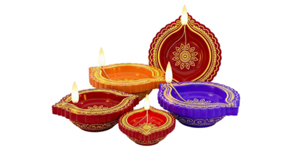 Diwali lamps lit with flames, colorful and decorative
