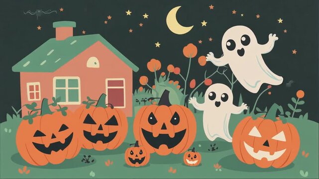 Halloween Night Background with Cute Ghosts, Pumpkins, House and Moon Cartoon Style