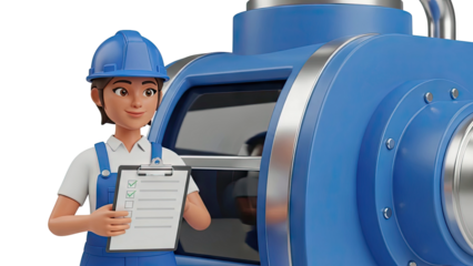 Cartoon Female Mechanic with Clipboard and Industrial Machine