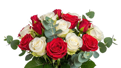 Red and white rose bouquet with eucalyptus leaves elegant floral arrangement romantic gifting branding for valentline celebration lifestyle visuals png