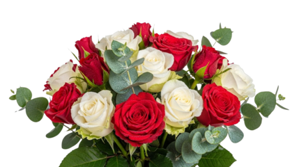 Red and white rose bouquet with eucalyptus leaves elegant floral arrangement romantic gifting branding for valentline celebration lifestyle visuals png