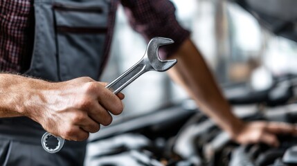 Close-up of auto mechanic using a wrench to work on a car engine in a professional service garage or workshop.