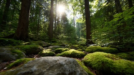 Fototapeta premium Sunlight streams through a dense forest canopy illuminating a serene moss covered rocky forest floor