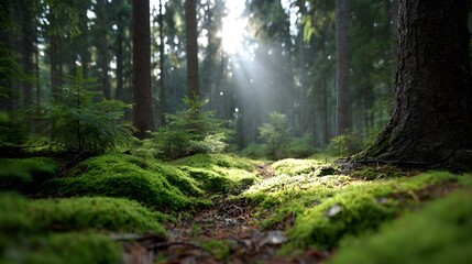 Fototapeta premium Sunbeams illuminate a mossy forest path with lush greenery and tall trees in a tranquil woodland setting