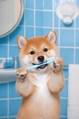 歯ブラシを持って遊ぶ柴犬の子犬
