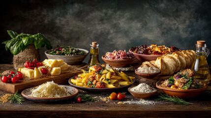 Traditional Italian Meal Spread with Penne Pasta Cheese and Artisan Bread.