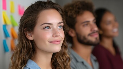 Diverse team of young people looking up thoughtfully in a collaborative office environment