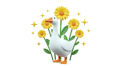 Cute 3D Goose with Yellow Flowers and Stars