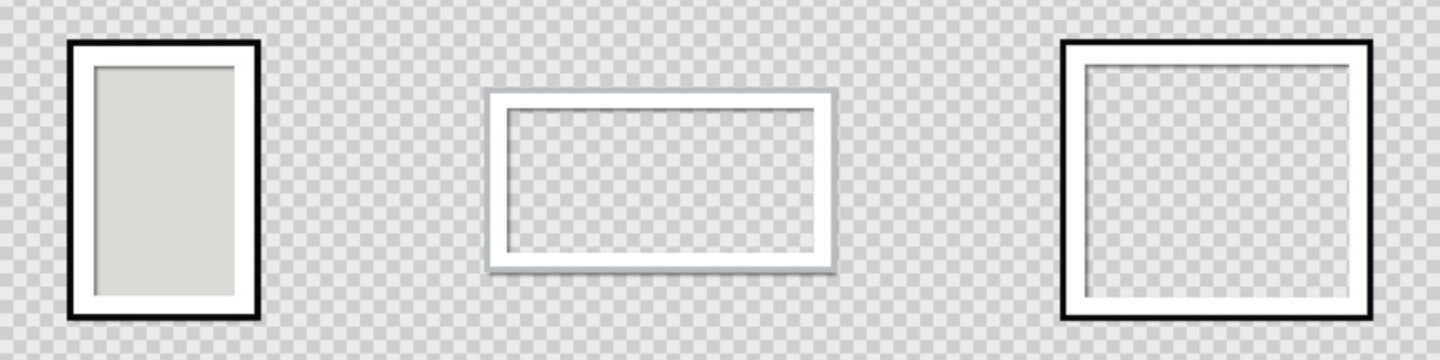 Empty photo frame realistic set. empty mockup, frames with shadow, blank frame border mockups, wall presentation. Vector illustration.