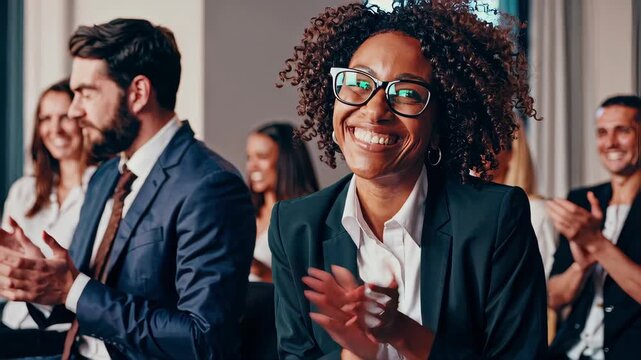 diverse group of professionals sitting in a row, smiling and clapping, focus on a cheerful woman with curly hair and glasses in the foreground, blurred background