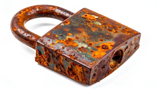 Heavily rusted vintage metal padlock isolated on white background - Powered by Adobe