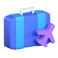 3D render of a blue suitcase with a purple airplane icon symbolizing business travel and global logistics