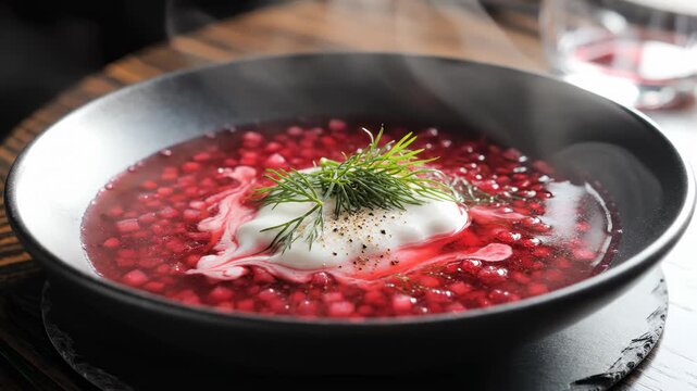 Close Up of Refreshing Cold Borscht Served in Black Bowl, Garnished With Sour Cream and Dill