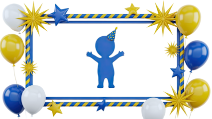 Blue figure celebrating with party frame, balloons, and stars