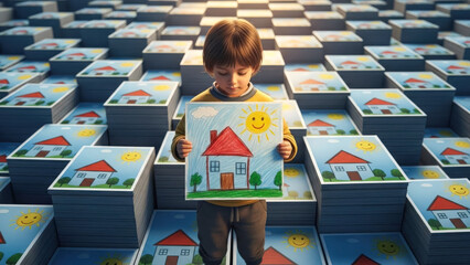 Surreal scene of a child holding a drawing, surrounded by endless identical images, symbolizing AI slop, repetition, and loss of originality.
