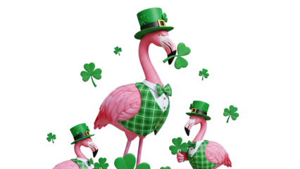 Flamingos in St. Patrick's Day Attire with Shamrocks
