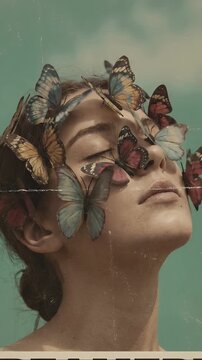 Artistic portrait of woman face covered with colorful butterflies against sky