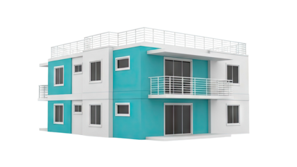 Modern Two-Story House with Turquoise Accents and Balconies