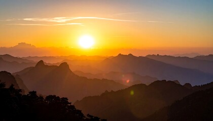 A serene mountain landscape at sunset with a vibrant orange sky
