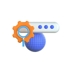 3D illustration of a search engine interface with a magnifying glass over a globe and search bar