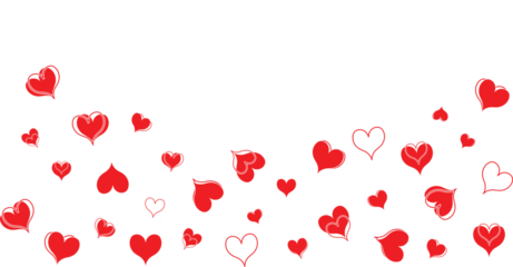 Scattered red heart illustrations floating on transparent background with playful romantic composition and hand drawn graphic style