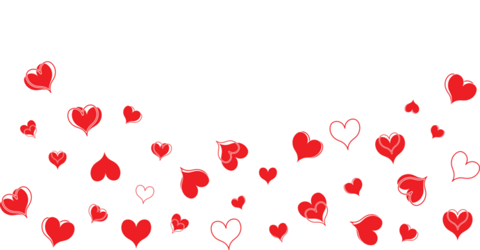 Scattered red heart illustrations floating on transparent background with playful romantic composition and hand drawn graphic style - Powered by Adobe